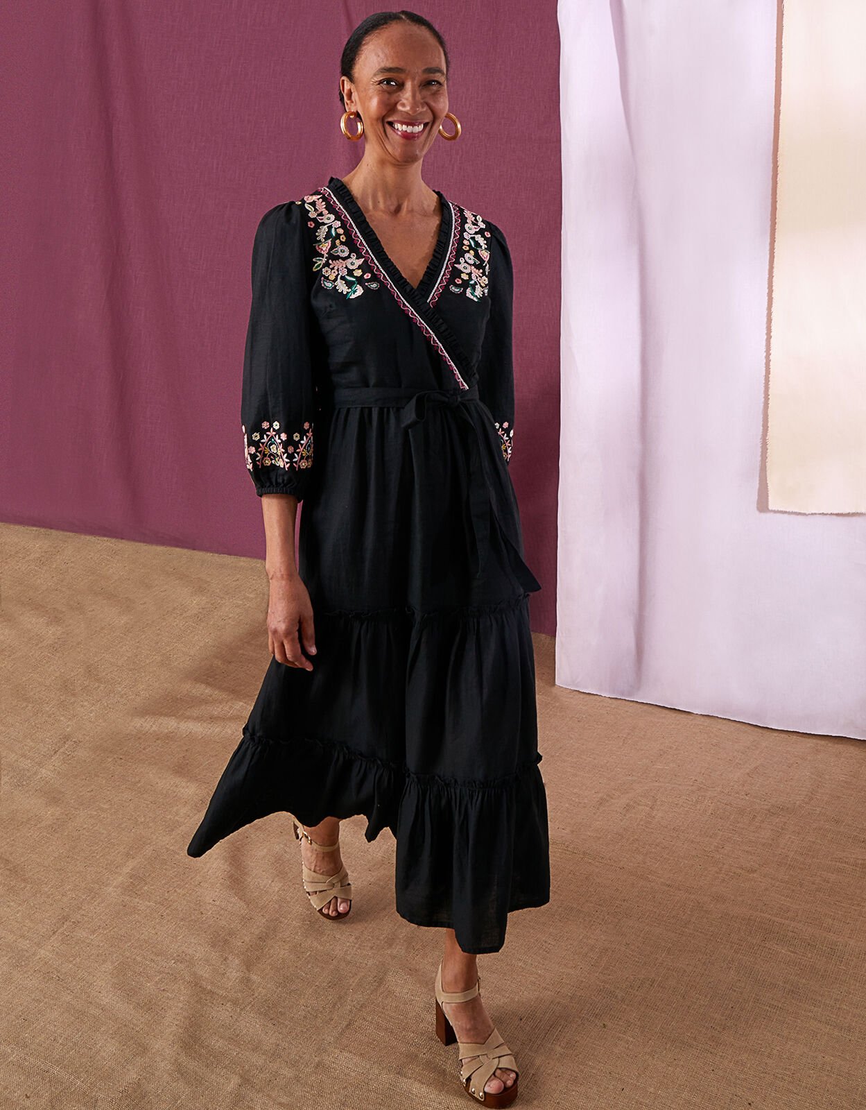 Embroidered Tiered Wrap Dress in Linen Blend Black | Casual \u0026 Day Dresses |  Monsoon UK.